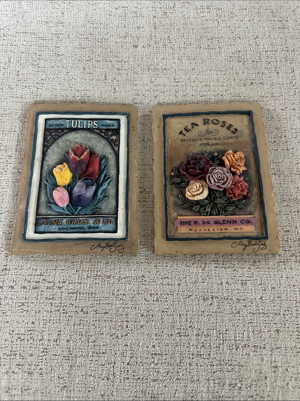 Vintage Mary Beth Zeitz 3D Stoneware Wall Plaques (Set of 2) Tulips & Tea Roses